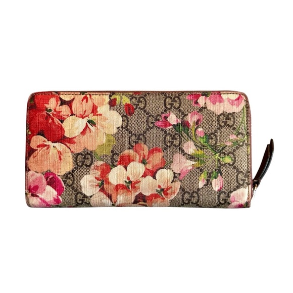 Authentic GUCCI GG Supreme Floral Blooms Pink & Tan Large Zippy Wallet with Box - Picture 7 of 12